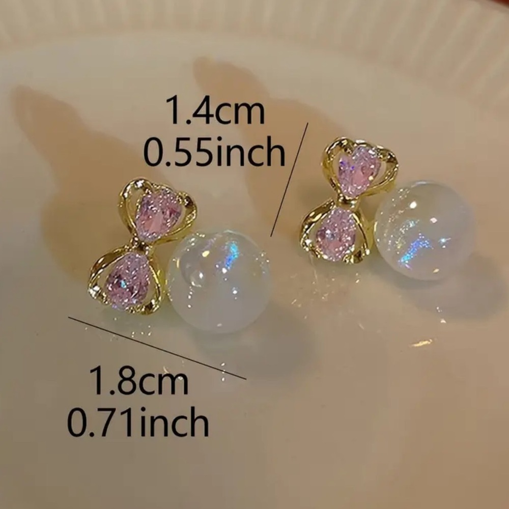Elegant Pink and White Bow Christmas Ball Earrings. Christmas gift. 🎀 - Picture 5 of 5